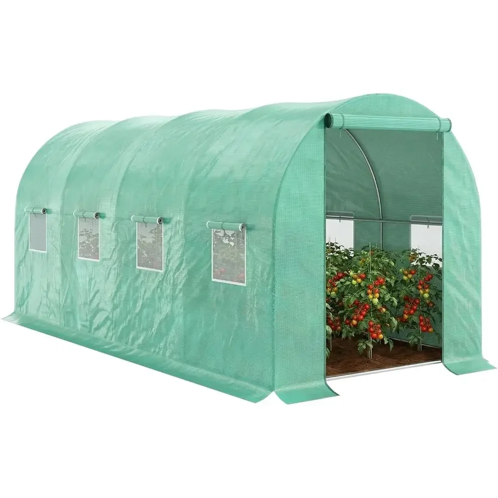 15' x 7' x 6.5' Walk-in Tunnel Greenhouse with PE Cover, Steel Frame, Roll-Up Door & Windows for Vegetables and Tropical Plants