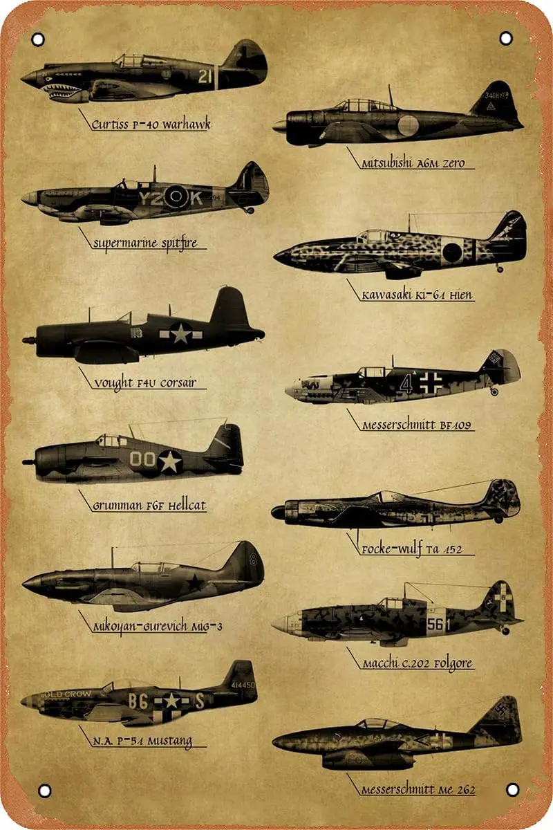 WWII Fighter Planes Poster Retro Tin Sign Vintage Look Metal Sign for Military Fans Man Cave Garage Home Wall Decor Aviation Ent