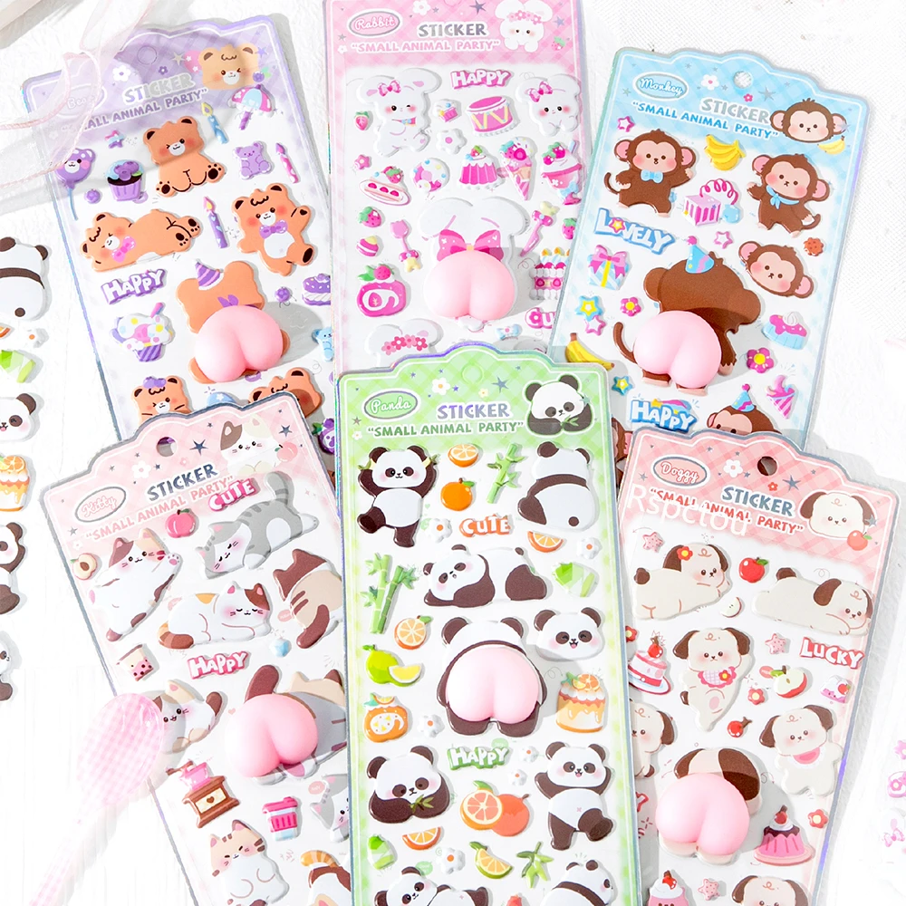 6pcs Kawaii Rabbit Cat Panda Buttocks Stickers Cute Cartoon Animal Pinchable Decompression Toys Bubble Decals Decoration Gifts