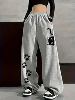 Pantalones de chándal informales de talla grande para mujer, estilo callejero, con estampado de pata de gato, forro polar de otoño e invierno, ropa de calle holgada de gran tamaño