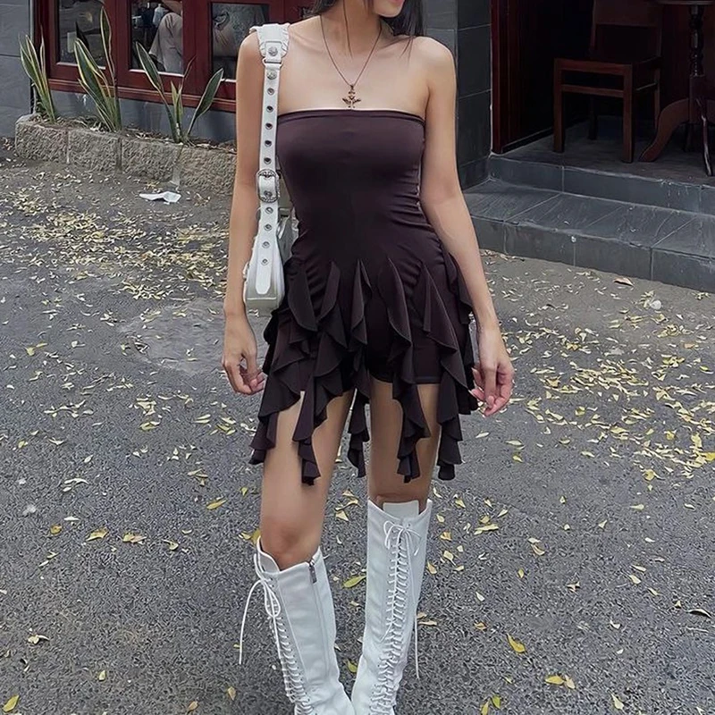 

European and American Hot Girls with Short Breast Wrap Skirt Black Ruffled Pleated Streamer Dress Sexy Tight Hip-packing Women's