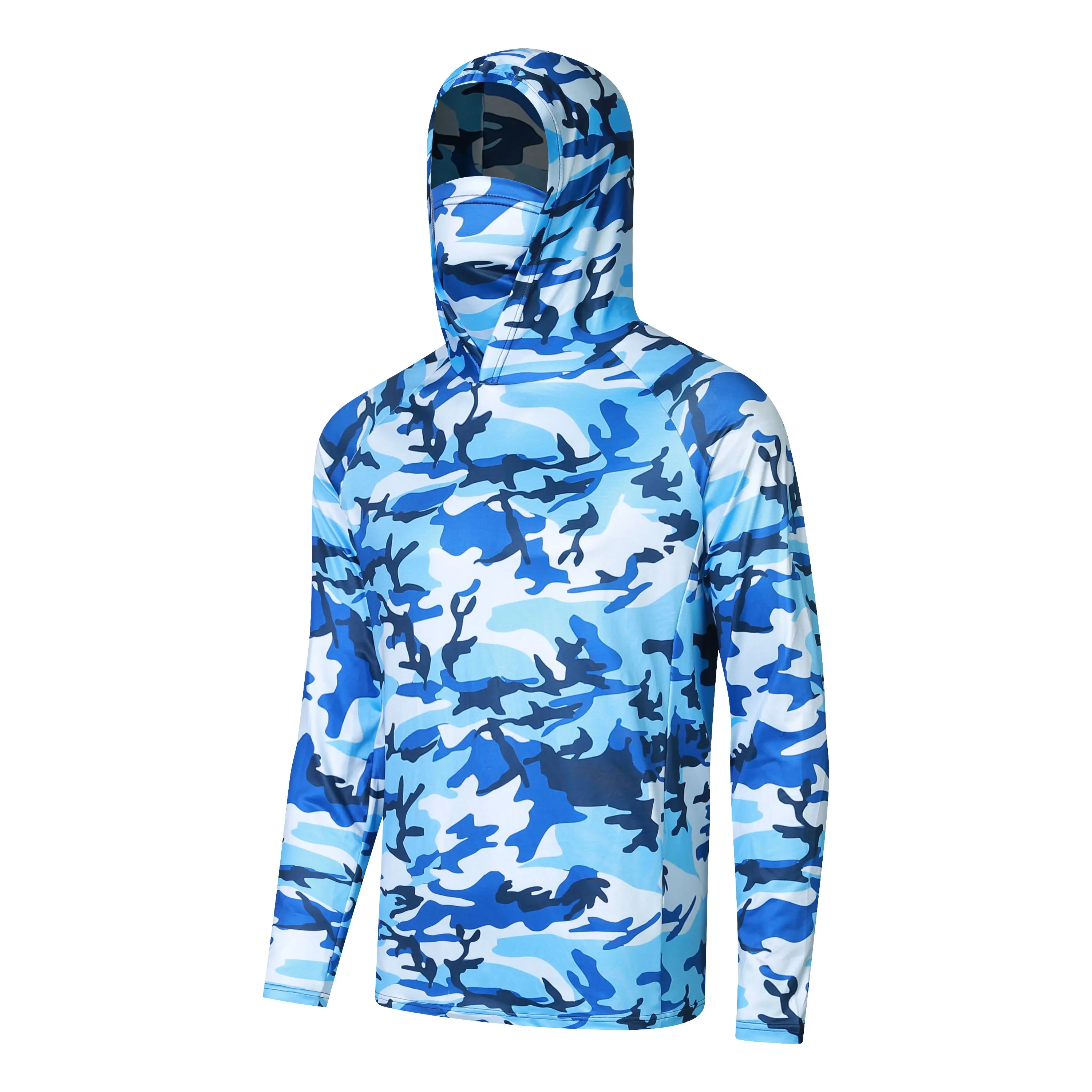 Men 3D Camo Print Hooded Fishing Shirt Polyester Long Sleeve UV Sun Protection Top With Integrated Face Mask