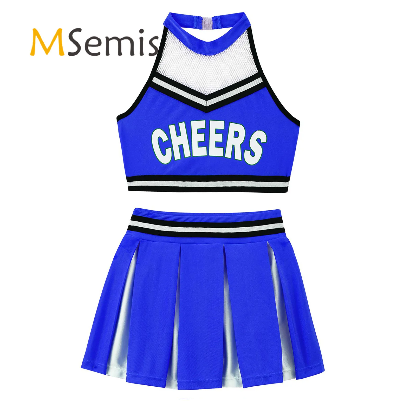 Cheerleading Uniform for Kids Girls Cheer Dance Costume Halter Neck Backless Crop Top with Elastic Waistband Pleated Skirt