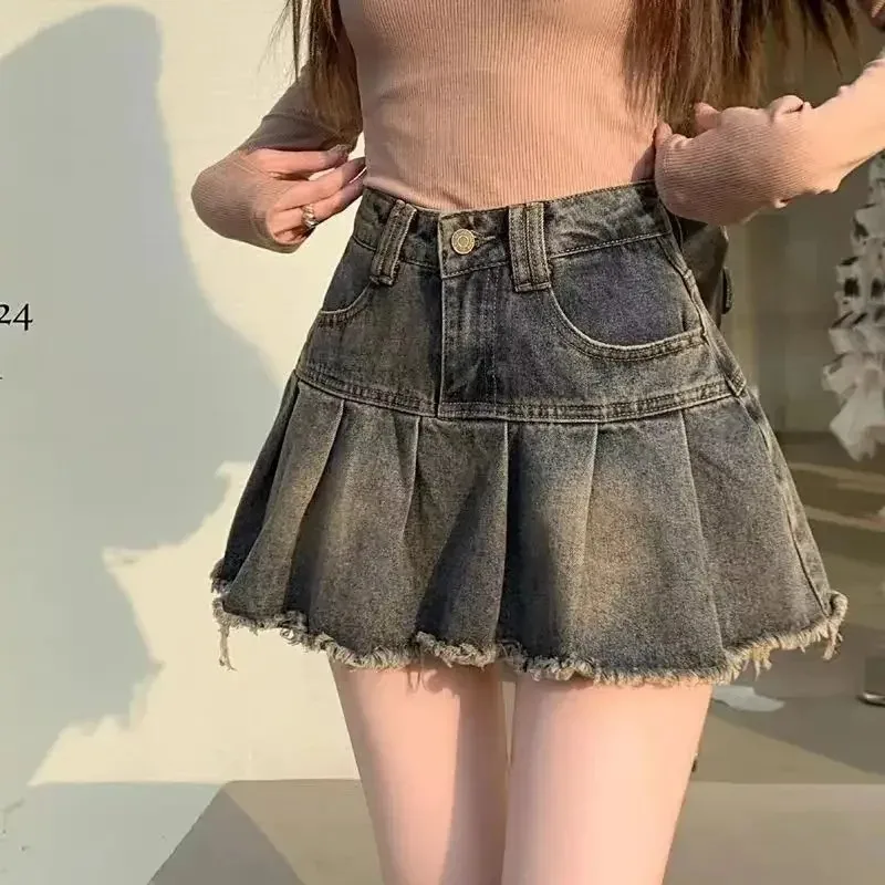 Vintage Skirt Women Fringe Design Slimming High-waisted Denim Skirt Women's Mini Dress Plenty Wrinkles for Summer 2025 New