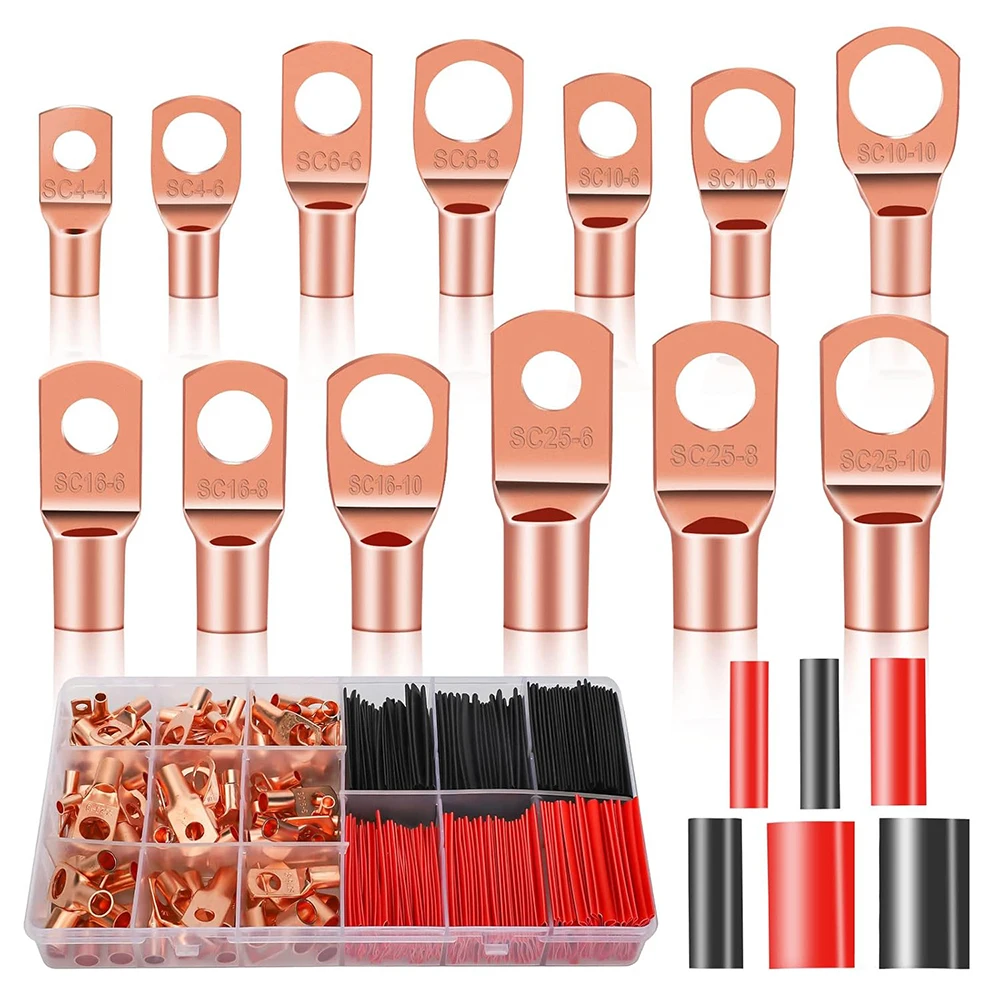 

cable lugs kit, cable terminals, AWG4 6 8 10 12 wire connectors, 133 wire wiring terminals, and 170 marine heat shrink tubing