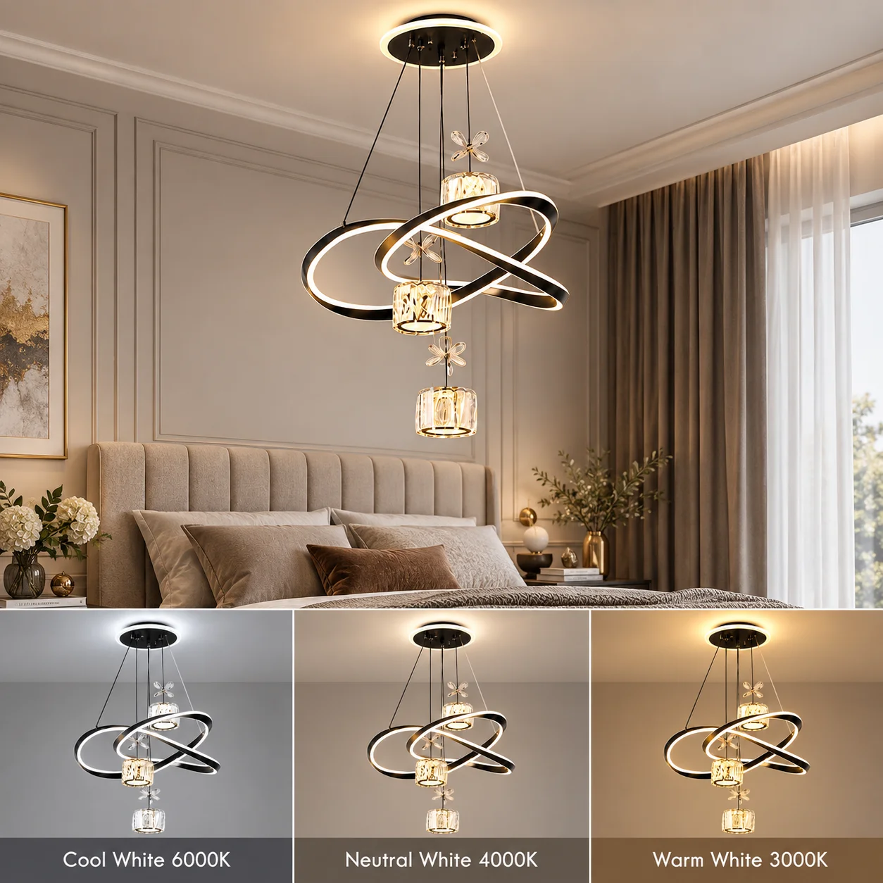 Modern  LED Pendant Light, Infinity‑Shaped Ring Chandelier with 3 Crystal Cube Lamps, 3 Color Changing 3000K‑4000K‑6000K, Adjustable Hanging Height, Ceiling Hanging Light Fixture for Dining Room Kitchen Island Living Room Home Decor