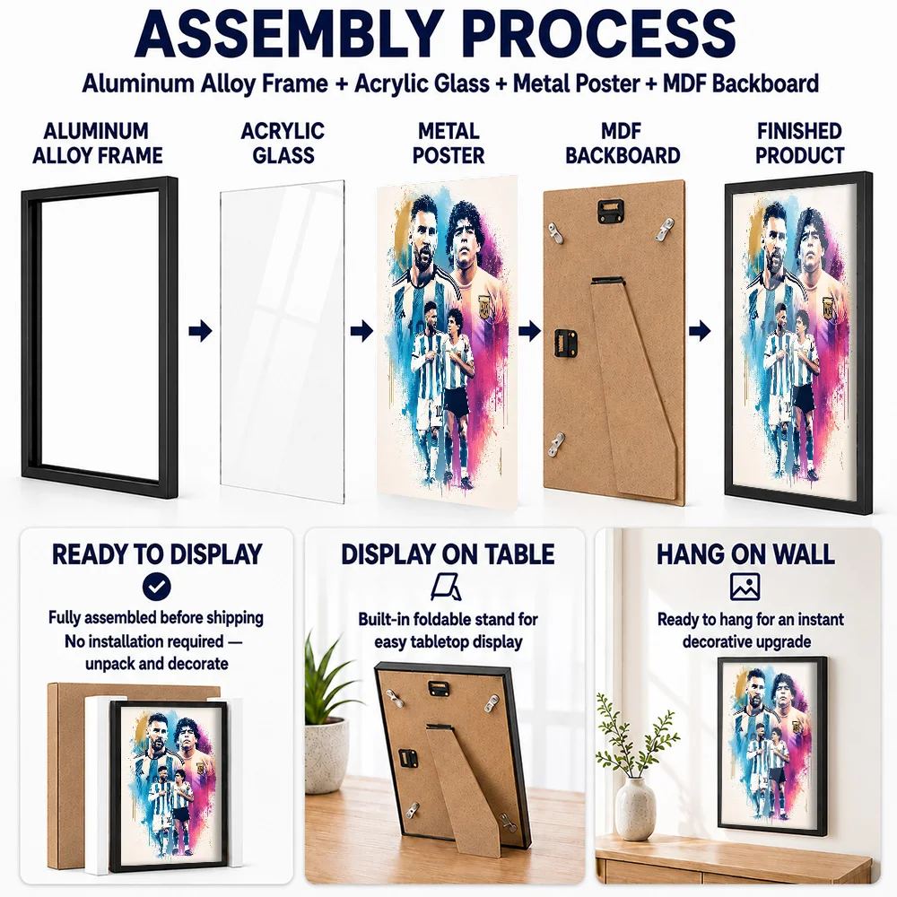 Lionel Messi And Diego Maradona Tribute Metal Poster With Aluminum Alloy Frame Customized Illustrated Wall Art For Sports Bar
