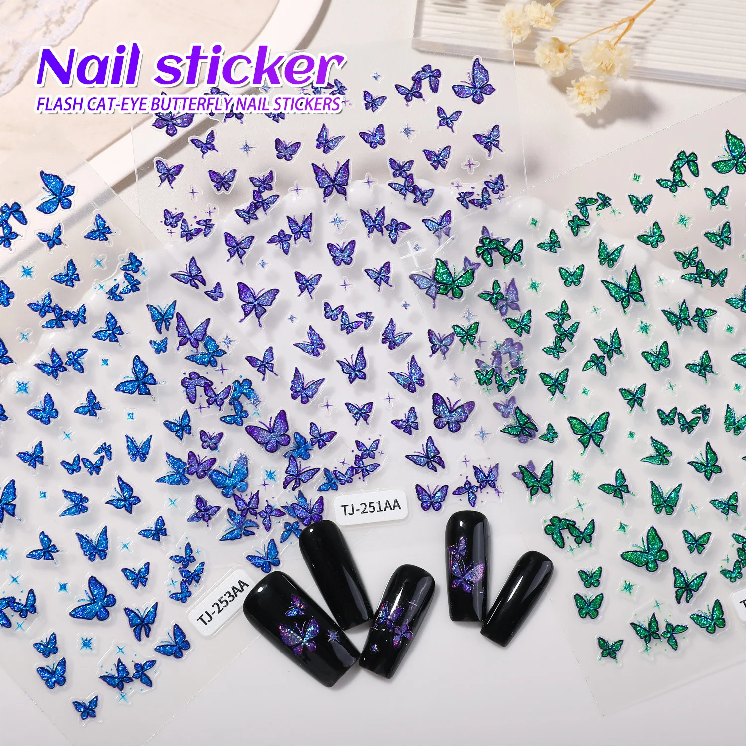 2pcs Blue Magic Butterfly Green Purple Small Butterfly Self-Adhesive Nails Sticker Nail Art Decals