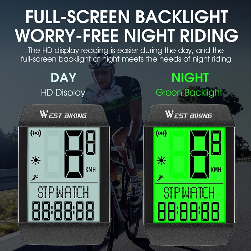 WEST BIKING 5 Language Bicycle Computer Waterproof Wireless Wired Cycling Odometer Auto Wake & Sleep Bike Speedometer Stopwatch