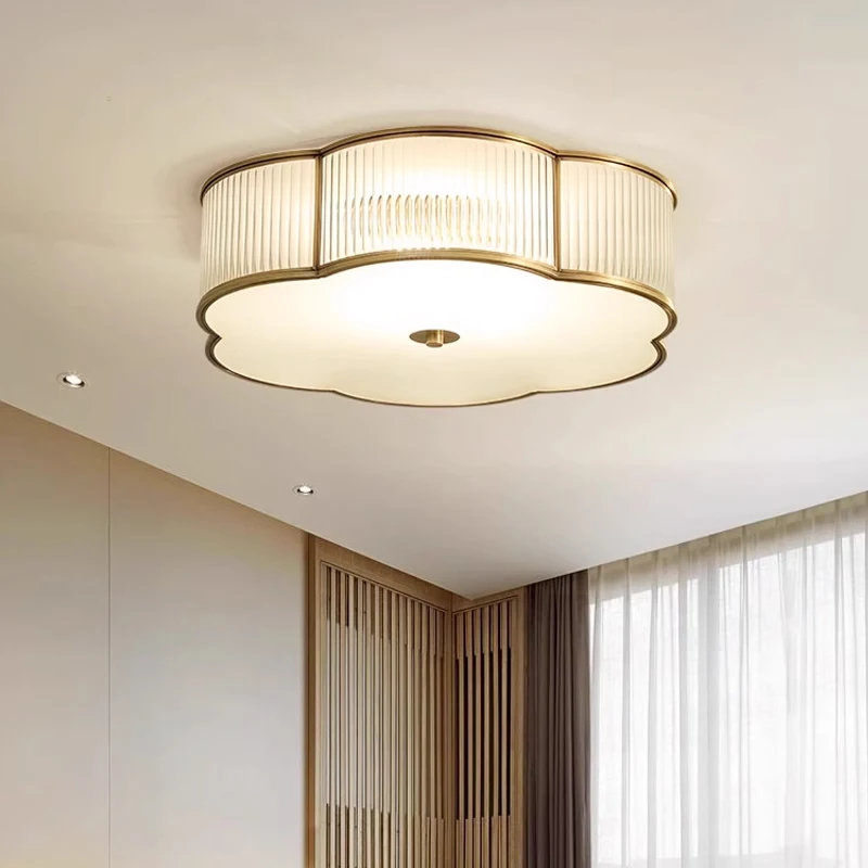 Nordic  All Copper Frosted Glass Ceiling Lights Foyer Restaurant Living Room Lighting Lustre Bedroom Study Loft LED Ceiling Lamp