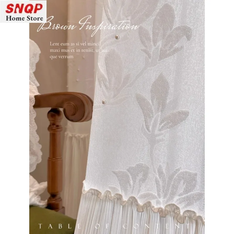 

Cream Translucent Luxury Curtains for Living Room Bedroom Dining Pearl White Magnolia Relief Retro Pleated Skirt White Tulle