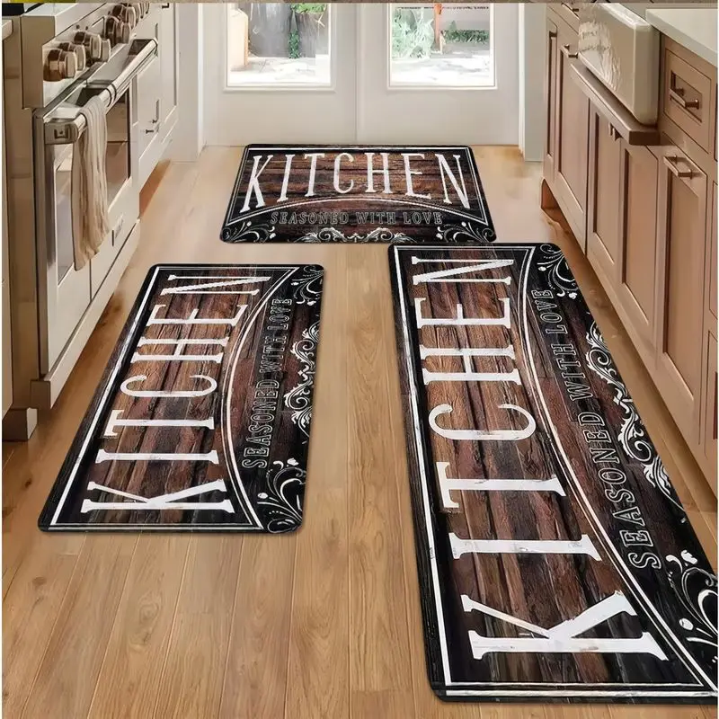 VIKAMA Rustic Wood-Grain Kitchen Mat, “Love in the Kitchen” Vintage Floral Bordered Non-Slip Mat, Laundry Room Home Decor