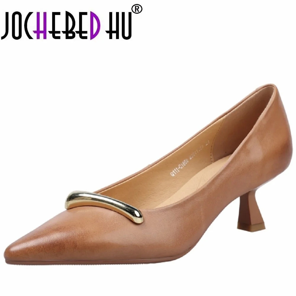 JOCHEBED HUHandmade Genuine Leather Metal Buckle Pointed Toe Mid Heel Soft and comfortable Women's Version 34-40