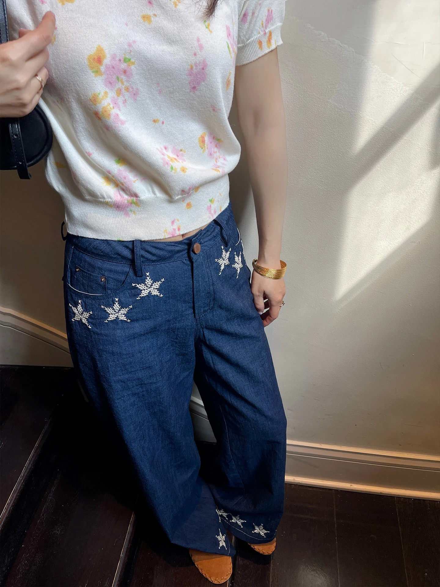 

Heidy Sicily Hanmalaire Starburst Embroidered Wide Leg Jeans Women's Summer Denim Natural Waist Loose Fit Casual Trousers