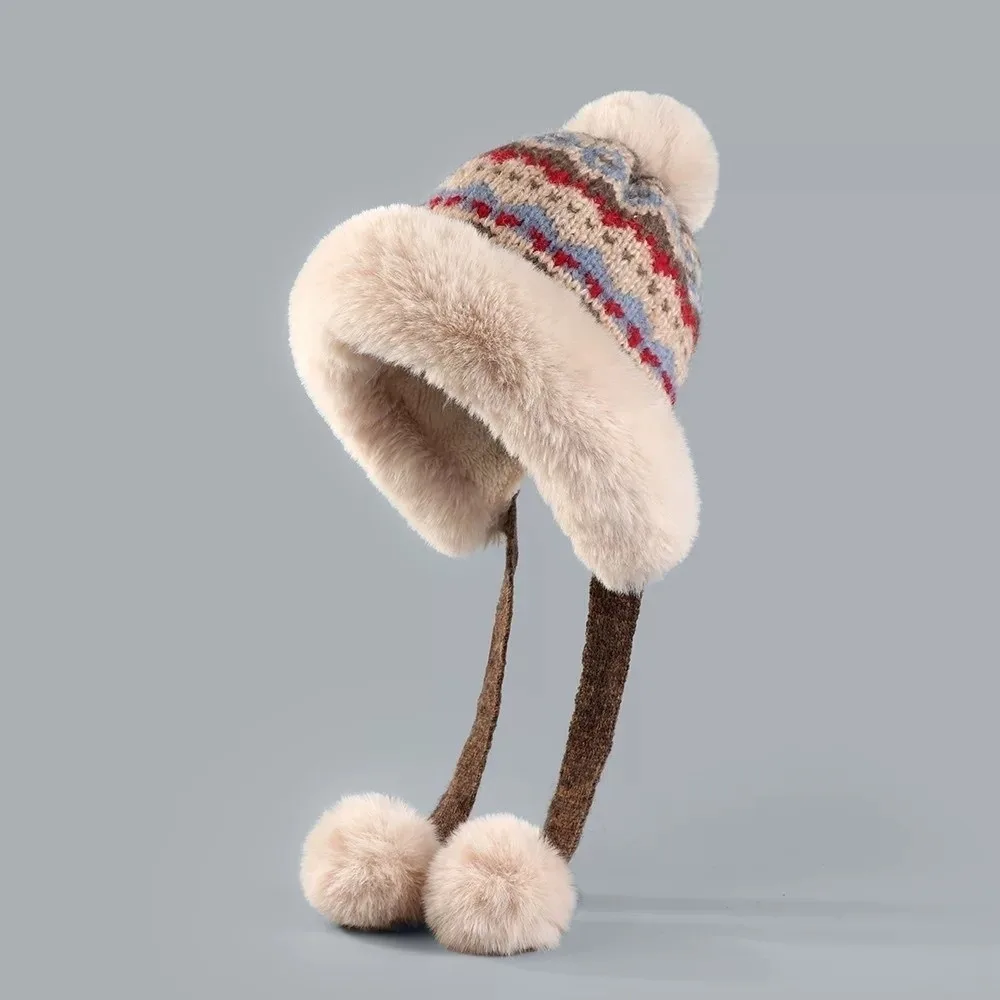 

New Knitted Knitted Hat Warm Thicken Pullover Cap Coldproof Pompom Ear Protection Hat Outdoor Sports