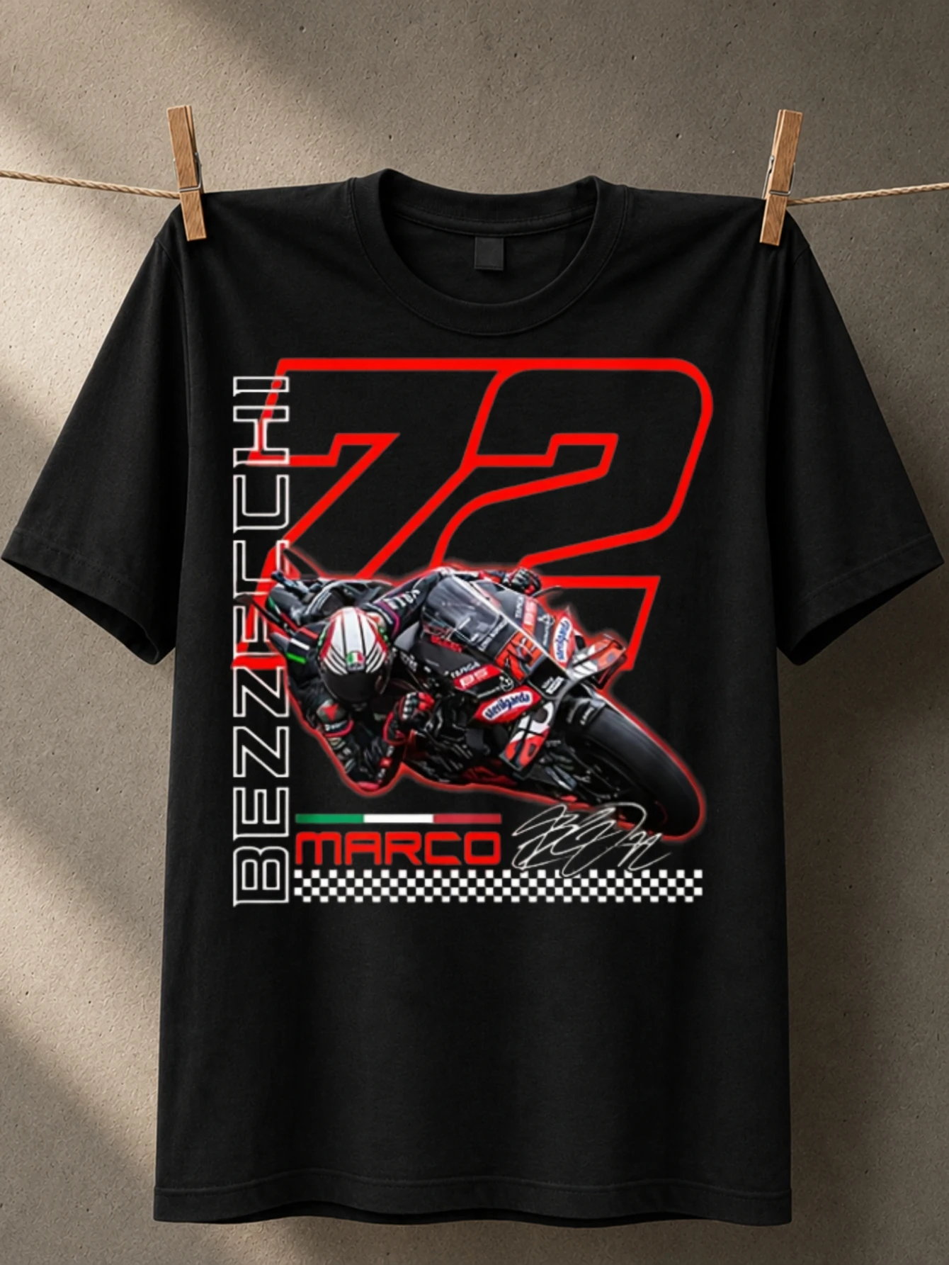Marco Bezzecchi 72 racing motorcycle lean graphic with red number checkered stripe and signature  Unisex All T-Shirt