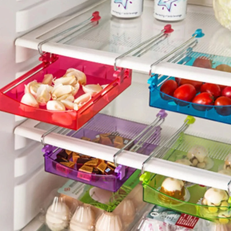 Organizador de cocina, estante de almacenamiento ajustable para refrigerador de cocina, soporte para estante para congelador, cajón extraíble, organizador, ahorro de espacio