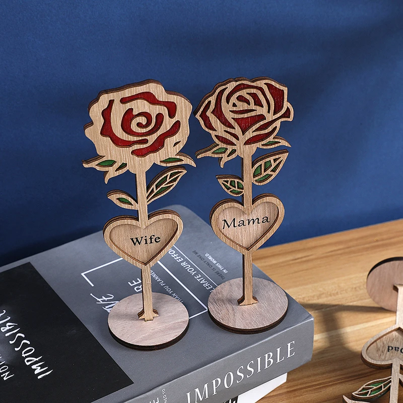 1Pcs Wooden Mama Rose Desktop Ornament 3D Carved Rose Flower Mother\'s Day Gift Wife Mom Dad DIY Gift Mother\'s Day Home Decor