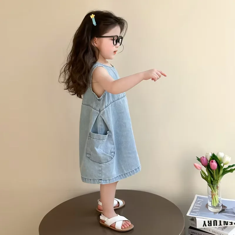 

Girls Denim Vest Dress Summer 2026 New Style Children Sleeveless Large Pocket A-Line Dress 90-140CM