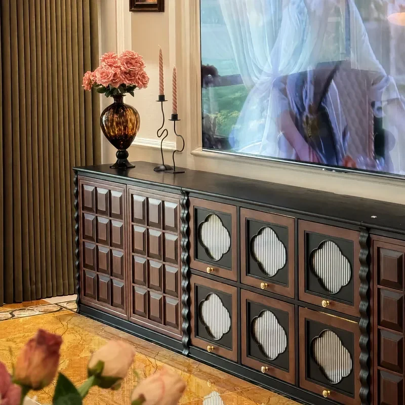French Retro Medieval Style Solid Wood Floor to Ceiling TV Cabinet Four Leaf Clover Modular Combination Storage Display Unit