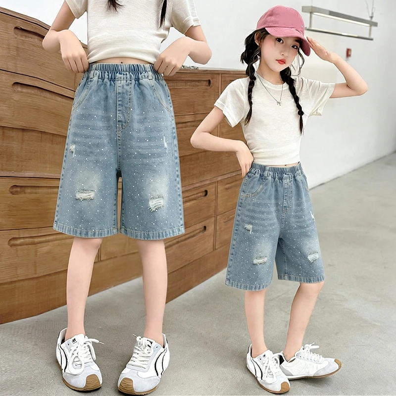 Girls Ripped Silver Speckled Denim Bermuda Shorts Summer Elastic Waist Wide Leg Jeans Shorts Casual Kids Pants For 6-14 Years