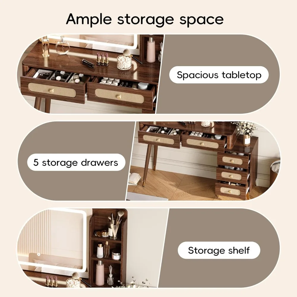 Туалетный столик для макияжа Vintage 47, зеркалом, подсветкой, 5 ящиков, полкой для хранения, стиль ротанга