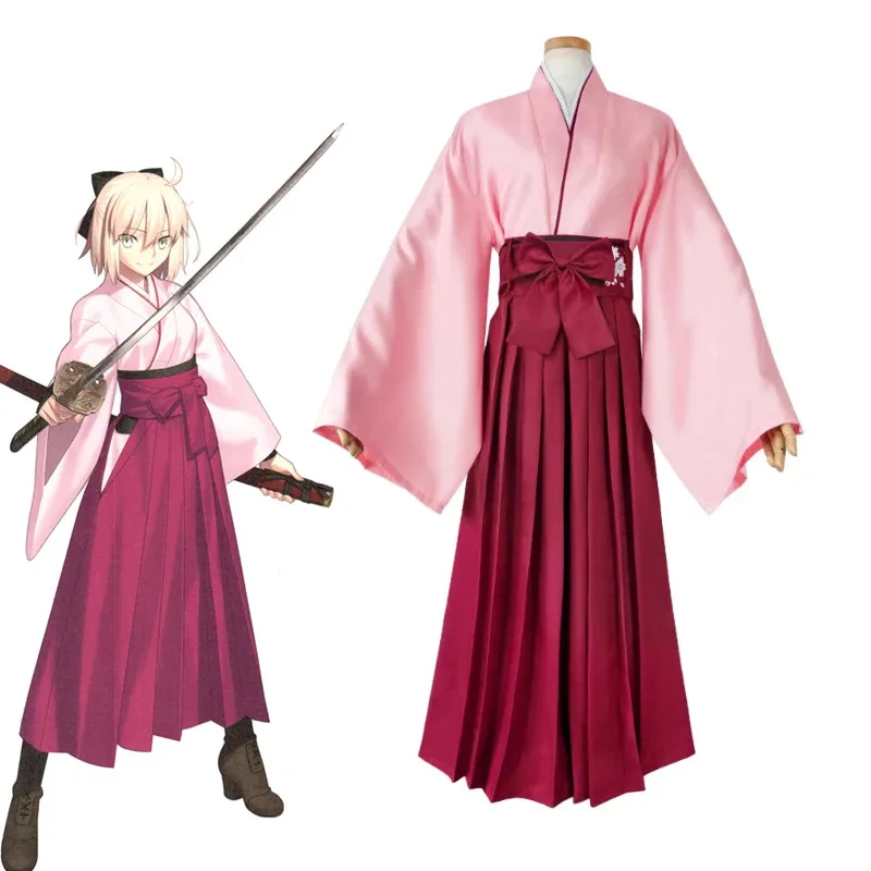 

Game Fate Grand Order Saber Okita Souji Kimono Suit Cosplay Costume Alter Woman Top Pants Set Halloween Costume