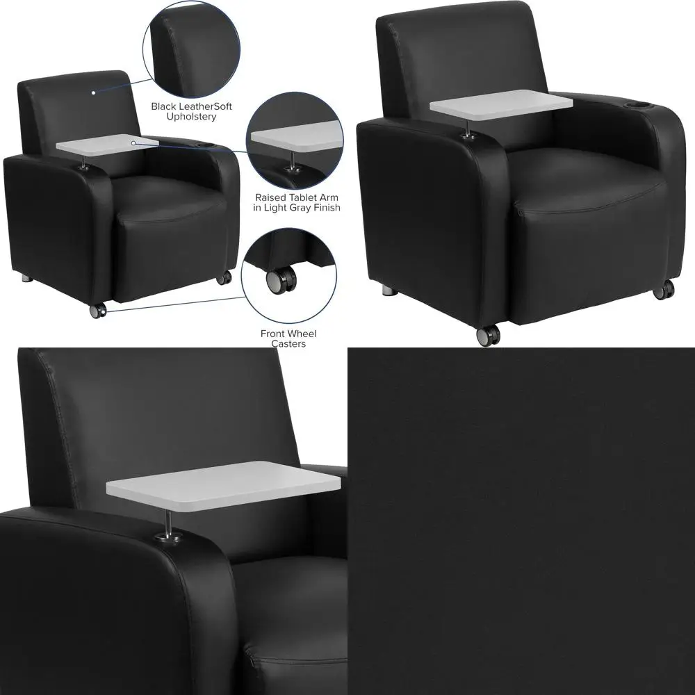 LeatherSot Gt Chair with Tablet Arm, Cup Holder, and ront Wheel Casters, Upholstered Tablet Arm Chair or Oices, Black