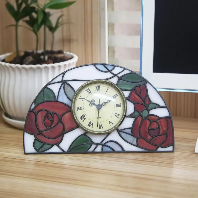 Vintage Stained Glass Table Clock European Classical Style Decorative Desk Ornament Retro Craft Home Decoration Gift Retro