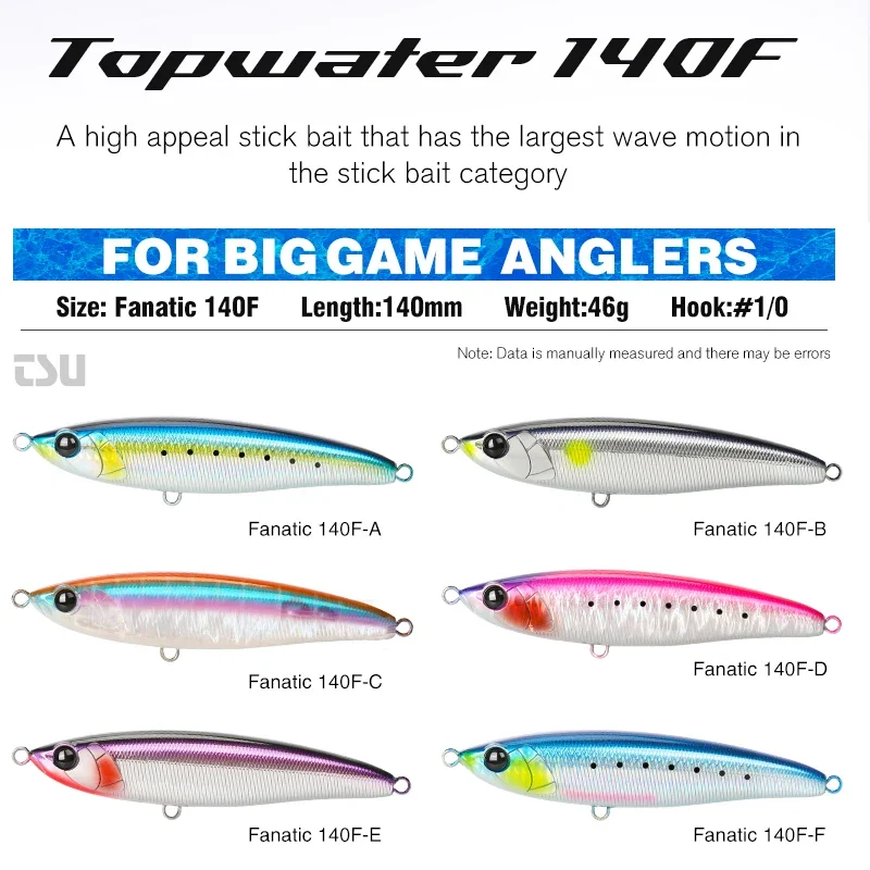 TSURINOYA 1pc 140mm 46g Topwater Stick Fishing Lure FANATIC Deep Areas Boat Fishing Saltwater Hard Baits Floating Pencil