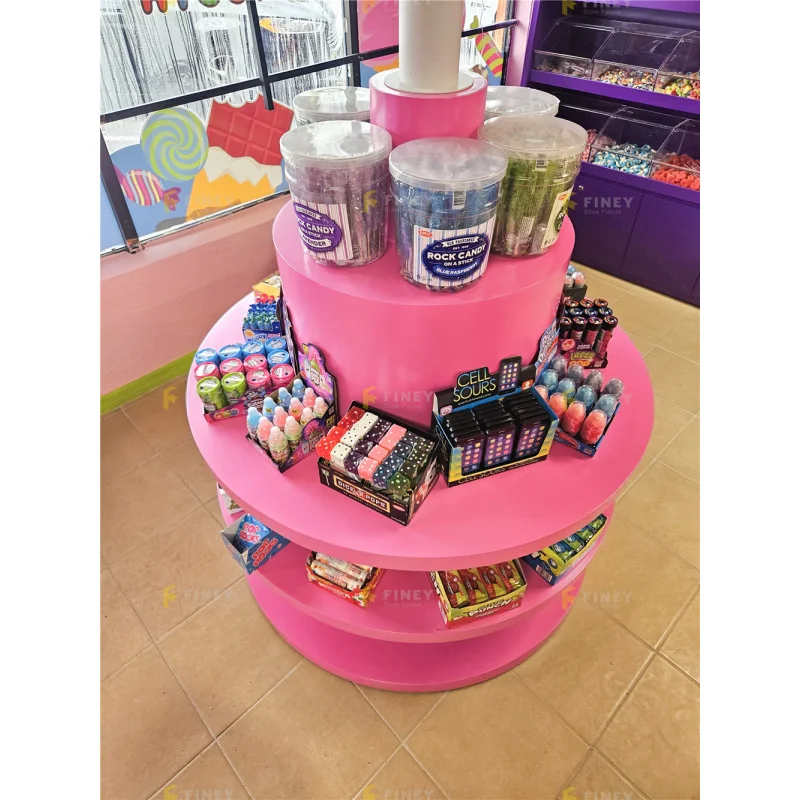custom.Retail Pink Sweets Shop Furniture Snack Boutique Display Shelves Custom Wooden Candy Store Decoration Lollipop