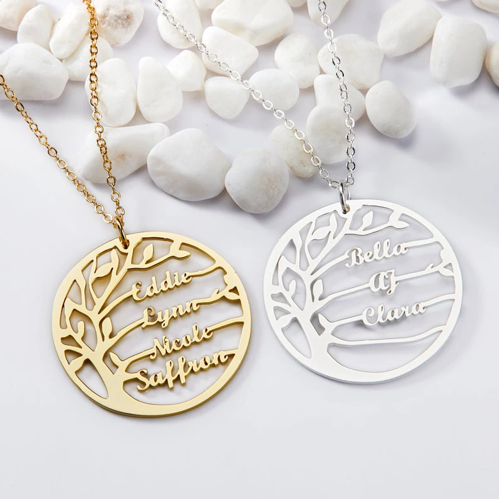 Personalized Tree of Life Pendant Necklace Stainless Steel Custom 1-4 Children's Names Necklace for Women Birthday Gifts for Mom