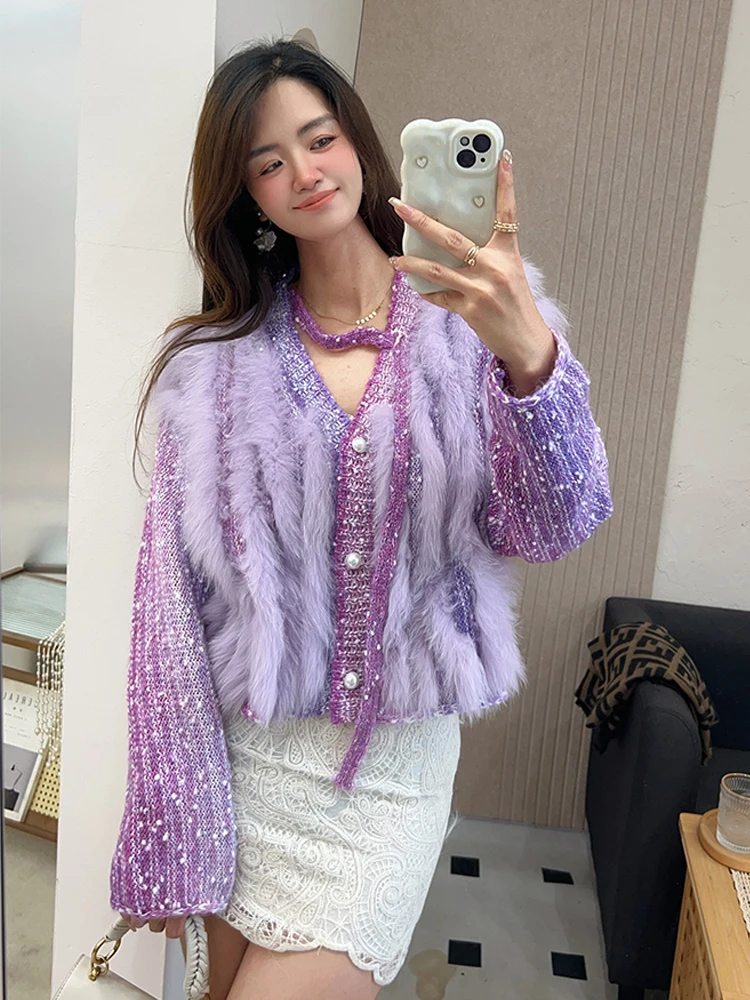 

2025 Spring Women Real Fox Fur Coat Cardigan Sweater Fox Fur Strip Sewed Toghter Sweater Outerwear Female Coats