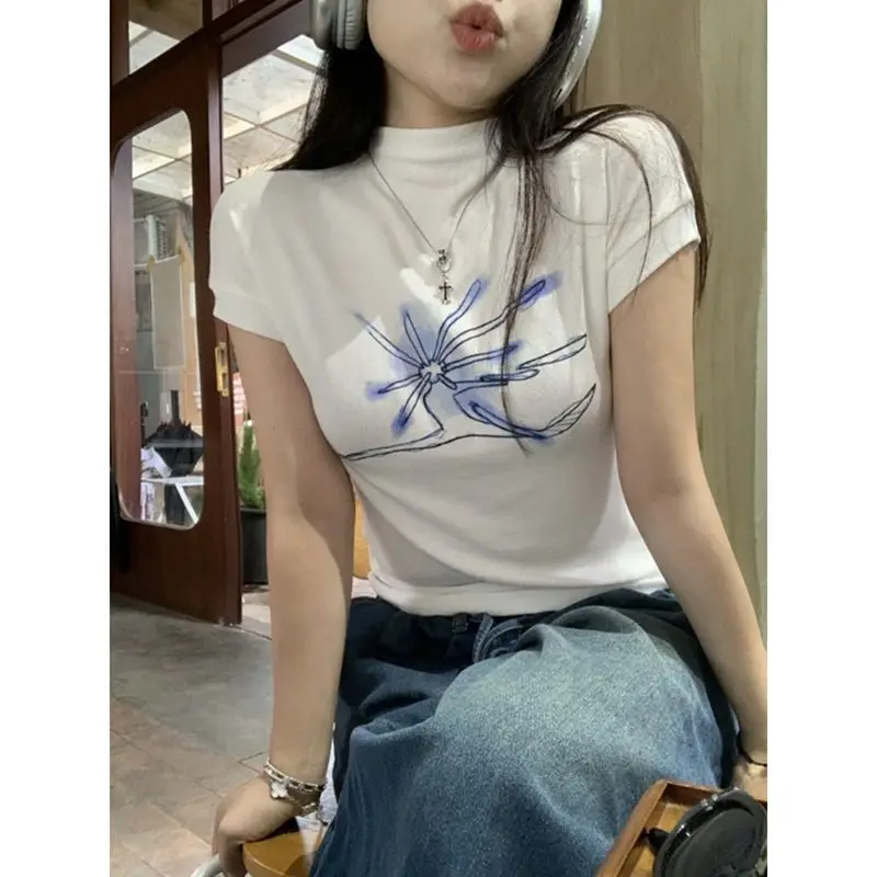 

Korejpaa American Style Printed Ropa Mujer Short Sleeved T-shirt Women Summer Slim Fit Spicy Girl Short Top Aesthetic Clothes