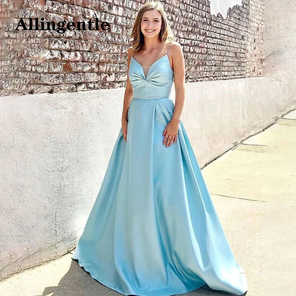 Allingentle Elegant Pleated V-Neck Satin Evening Formal Dresses 2023 Spaghetti-Strap Satin A-Line Prom Party Gowns Custom Made