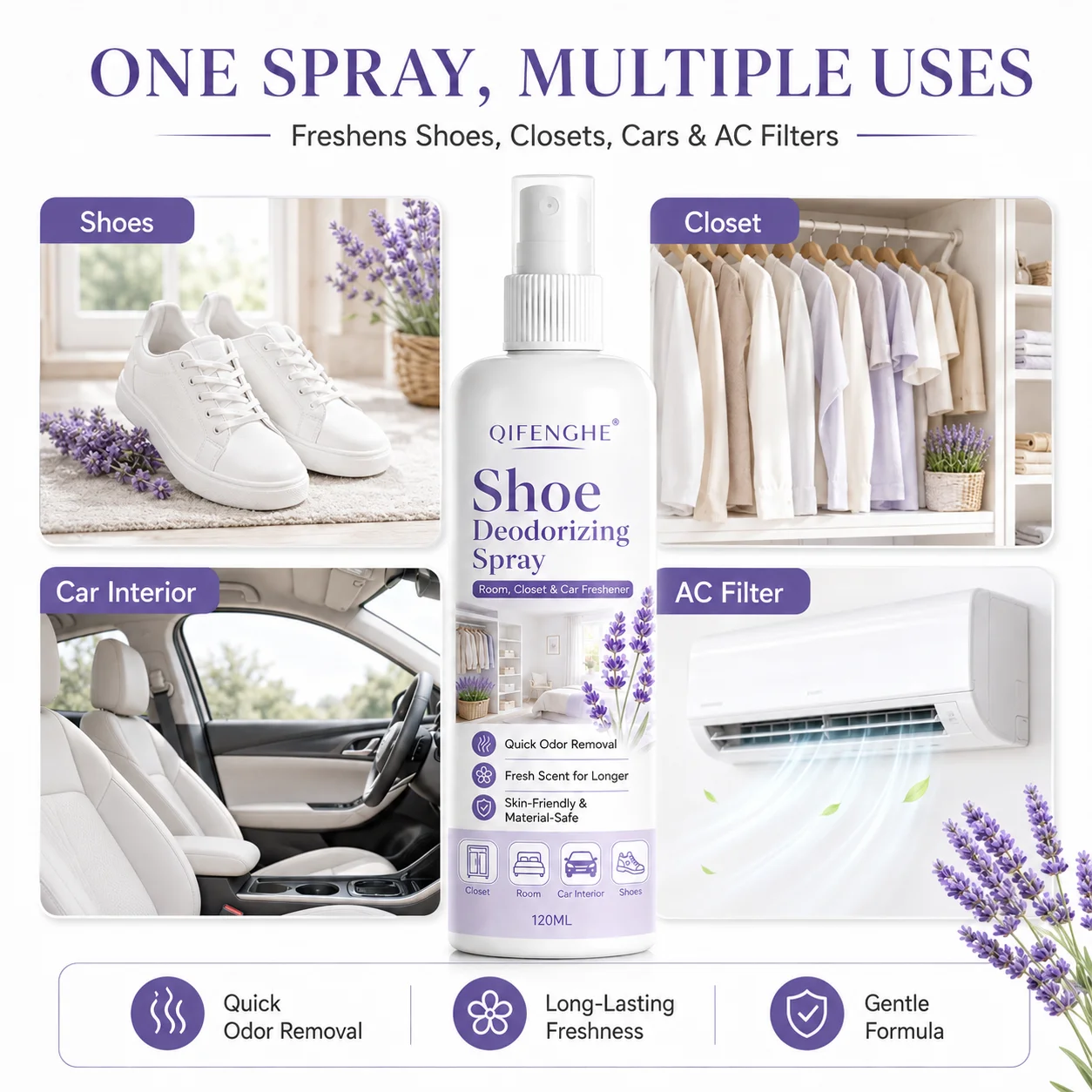 QIFENGHE Shoe Odor Remover Spray 120ml, Long-Lasting Antibacterial Deodorizer, Kills Bad Smell, Mild No-Damage Formula for Shoes