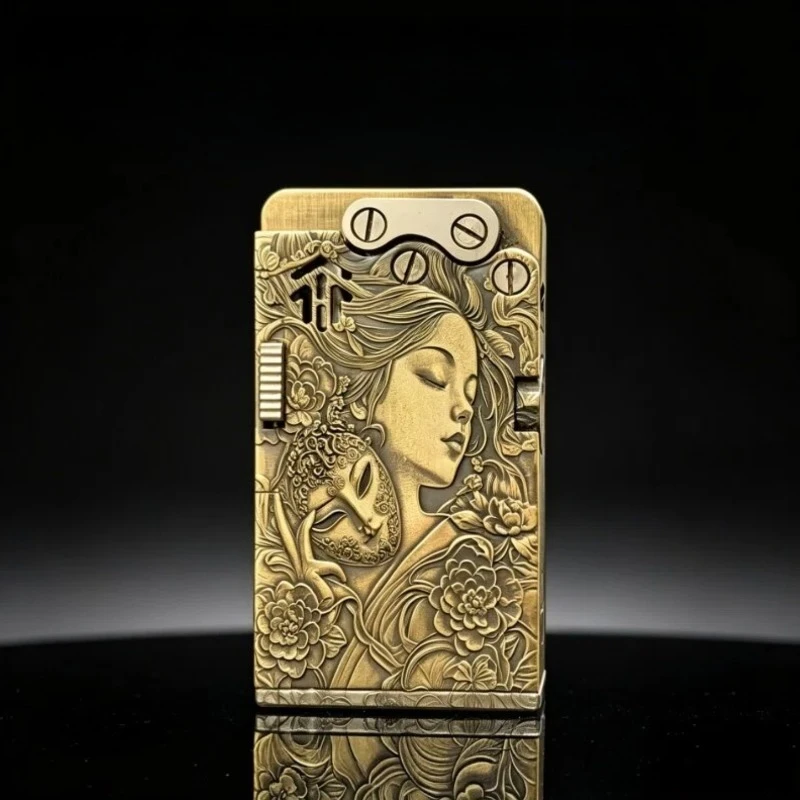 Windproof Vintage Brass 8th Generation Semi-Automatic Ejection Kerosine Lighter, Safety Lock , Engraved,  Smoking Accessories