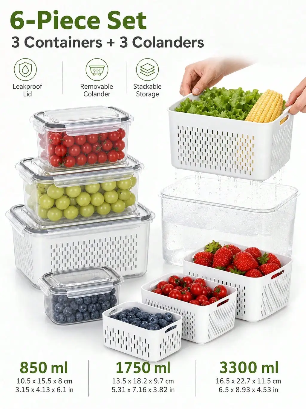 6-Piece Produce Organizer Containers for Grapes, Berries and Vegetables for Leakproof Produce Keeper