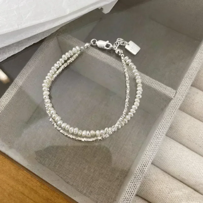 Pulsera de perlas de doble capa para mujer y niña, brazalete de Plata de Ley 925 con abalorios de diseño coreano, joyería de lujo para fiesta y boda