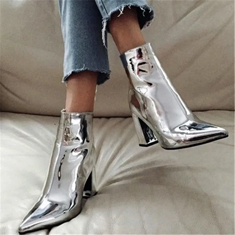 

2023 Fashion Gold Silver Patent Leather Ankle Boots Women Pointed Toe High Heels Boots Sexy Chelsea Bota Women Pumps Botas Mujer