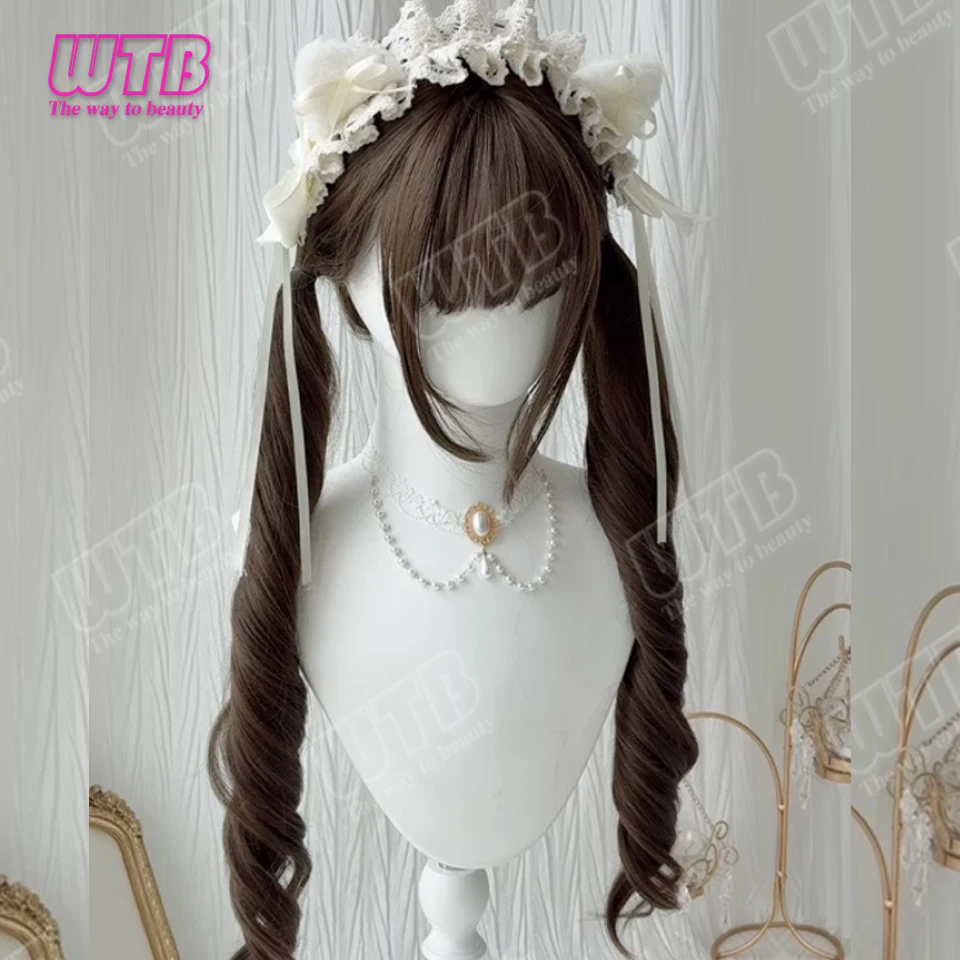 Perruque synthétique Lolita à double queue de cheval bouclée, longue et lisse, avec frange, idéale pour le quotidien, les fêtes et le cosplay