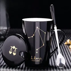 Twelve Zodiac Ceramic Mug with Lid Spoon, 450ML Gift Box Tea Cup Set Breakfast Milk Coffee Mug, Couple Water Cups Birthday Gift