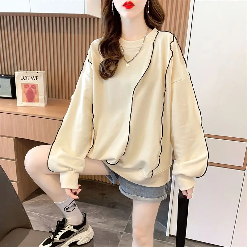 Solid Pure Cotton Loose Lantern Sleeve Sweatshirts Women Three-dimensional Bright Line Decoration Casual O-Neck Clothing Thick