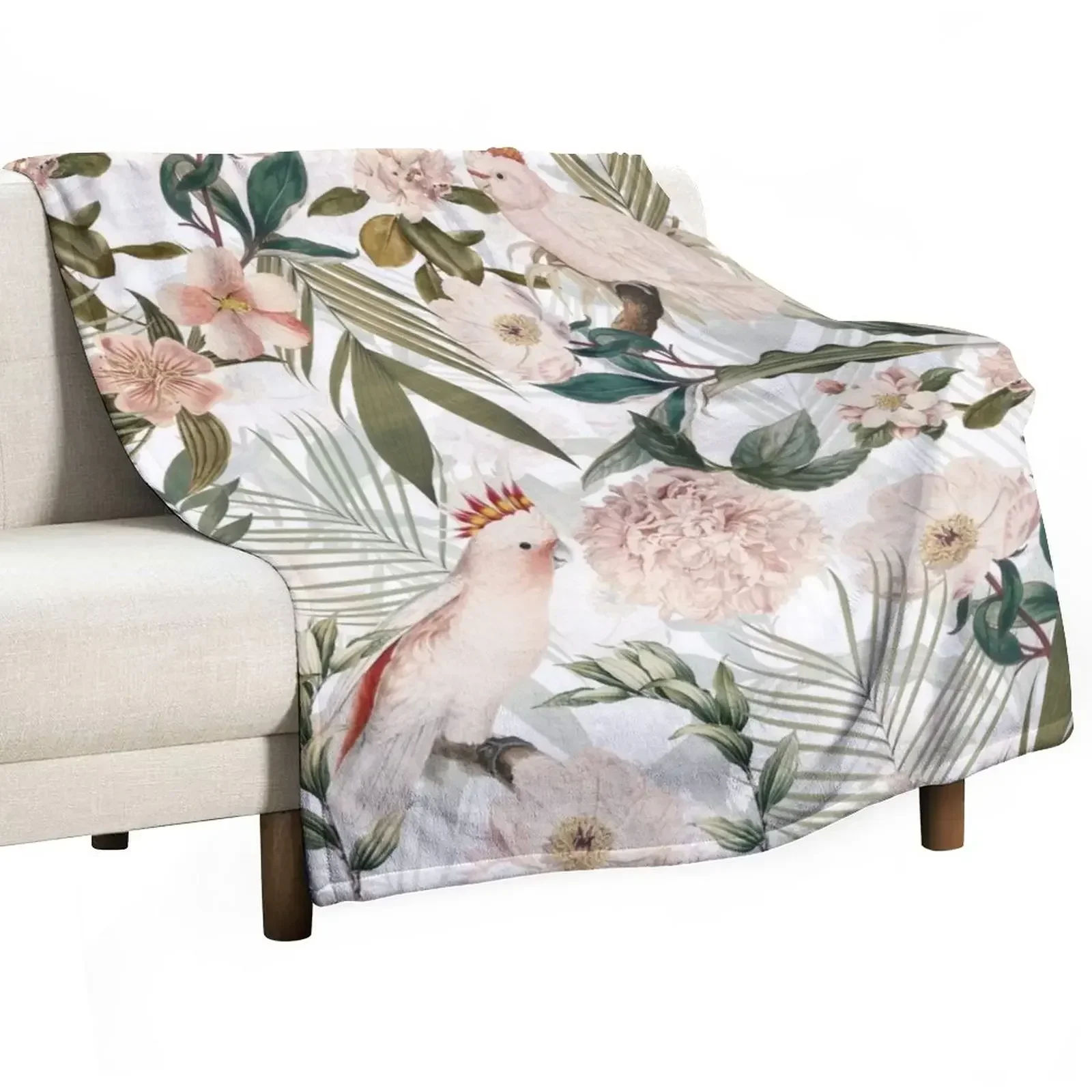 

Tropical cockatoo and jungle pattern - white Throw Blanket Single Thin Blankets