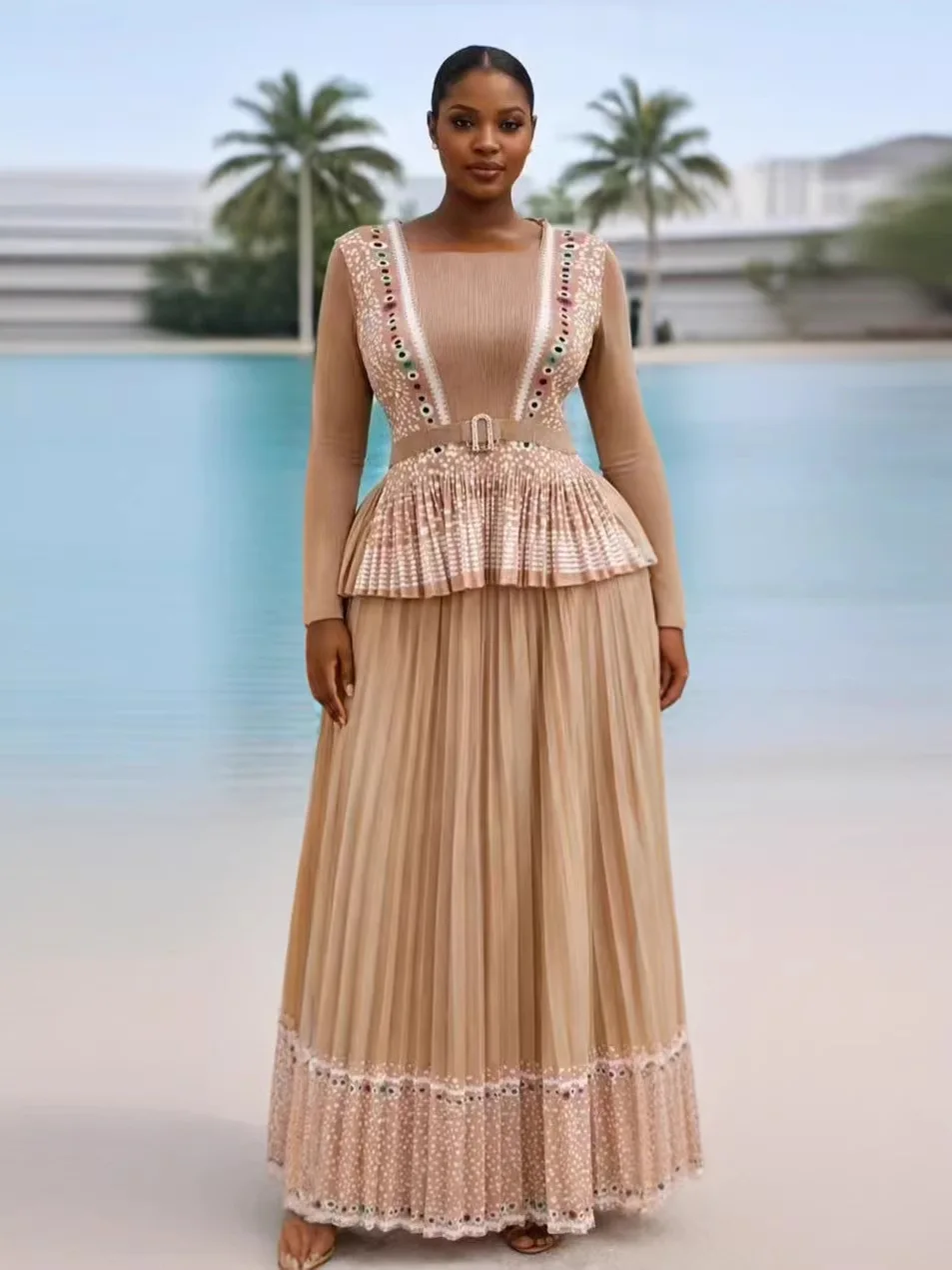 

Miyake 2026 New Printed Crew Neck Pleated Fashion Casual Suit Waist Women's Dress Two-piece Set