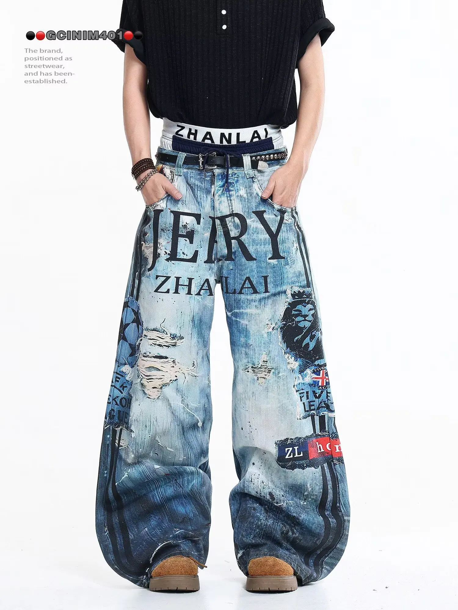 American Street Destruction Style Embroidered Denim Pants Oversized Retro Wash Personality Fashion Loose Casual Wide Leg Jeans