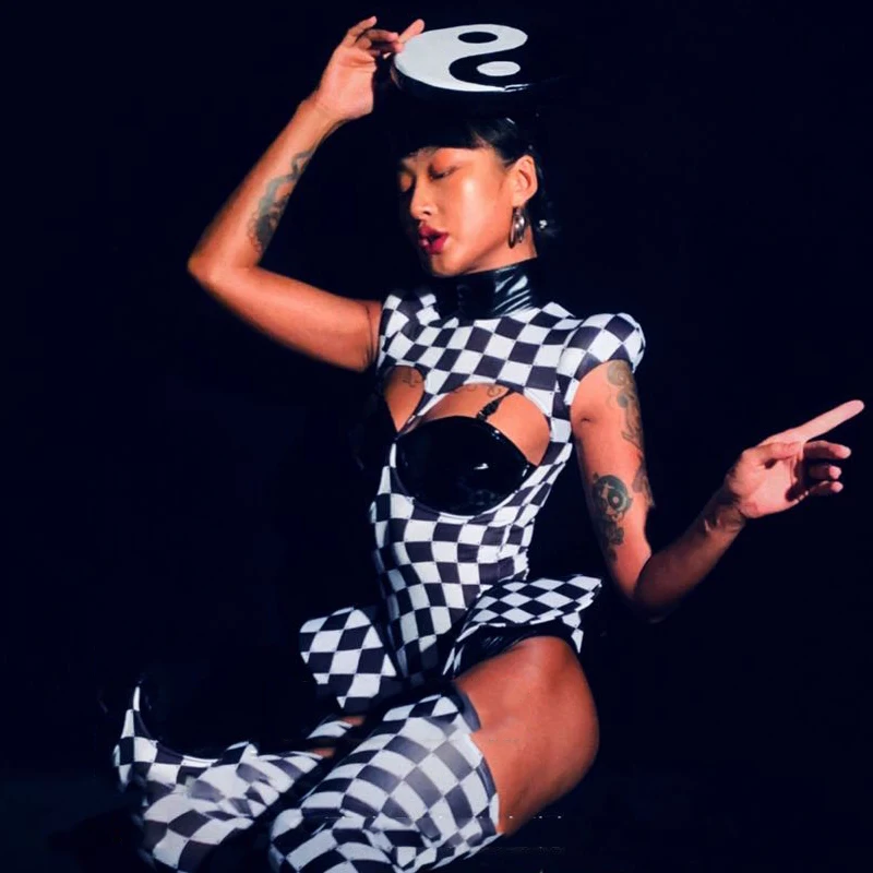 Women Black And White Plaid Cutout Bodysuit Women Nightclub Gogo Costume Stage Pole Performance Clothing Festival Outfit