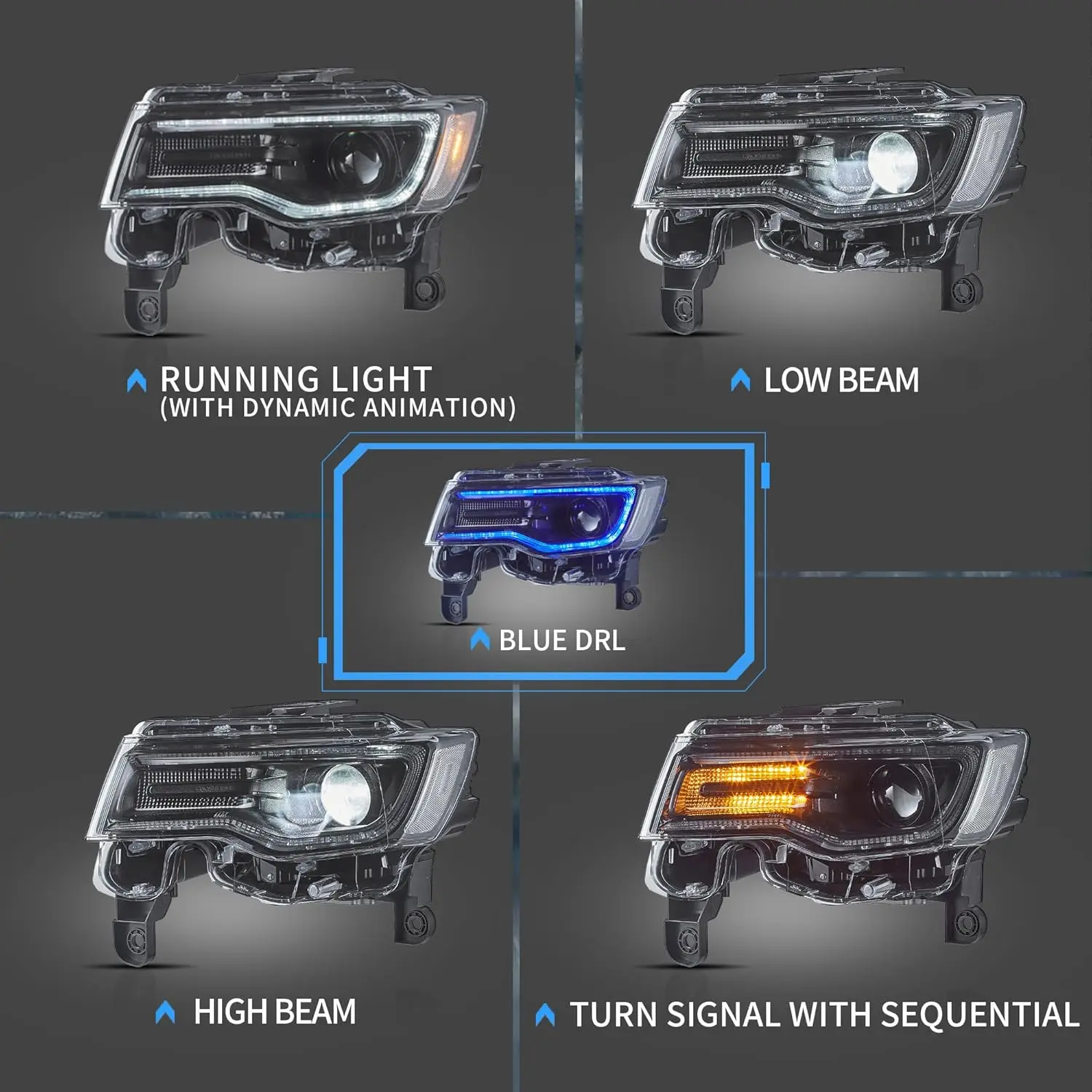 2PCS LED Projector Headlights Compatible with 4th Gen Jeep Grand Cherokee WK2 2014-2021, w/Blue to White Animation DRL w/Sequent