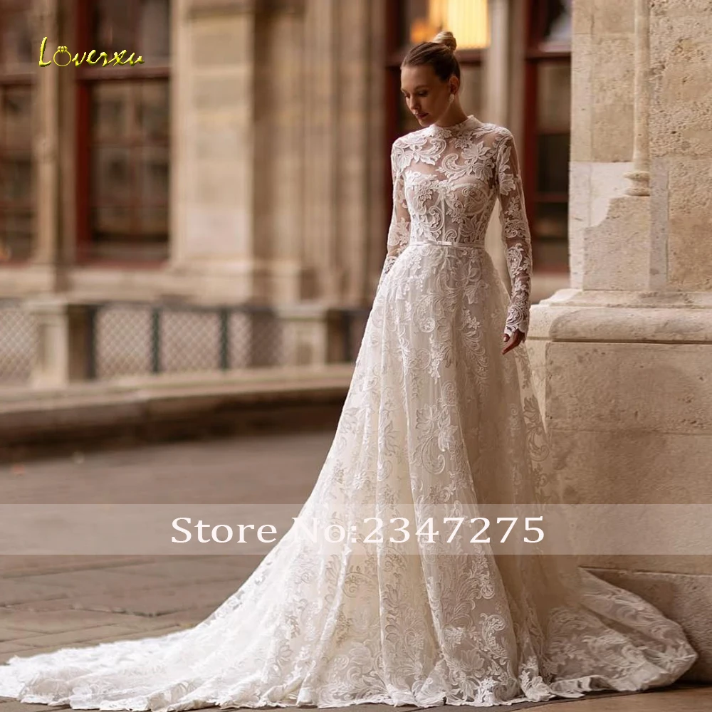 Loverxu A-Line Backless Wedding Dresses For Women High Neck Vestido De Novia Lace Embroidery Elegant Custom Made Bridal Gowns