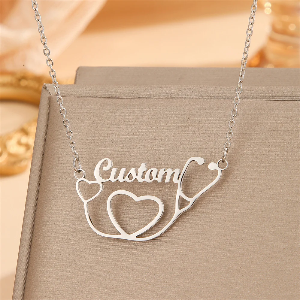 QIMING Customized Stethoscope Name Necklace For Women Men Stainless Steel Necklaces Doctor Gift